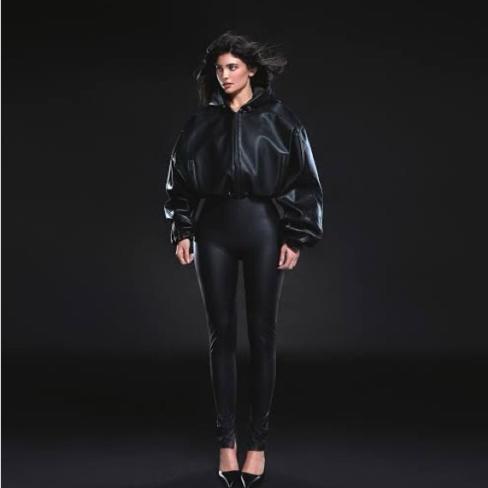 Black Faux Leather Hooded Bomber Jacket - Women - Picture 2 of 6